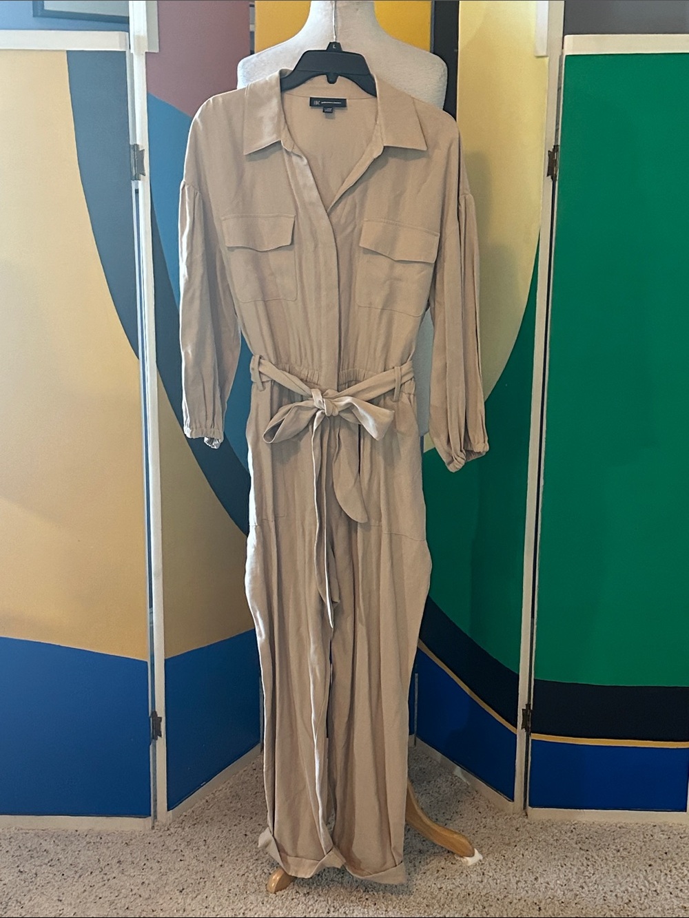 INC International Concepts Taupe Utility Tie-Waist Jumpsuit